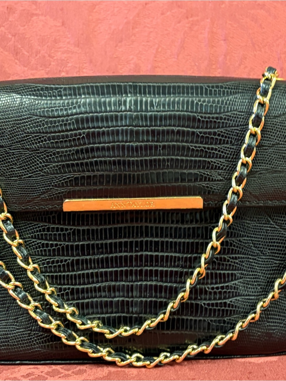 Ann Taylor Black Croc-Embossed Chain Crossbody Bag